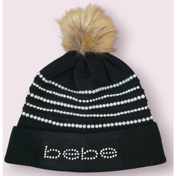 Bebe Y2K Beaded Pearl Knit Beanie Hat w/ Faux Fur Pom Pom EUC - Picture 1 of 6
